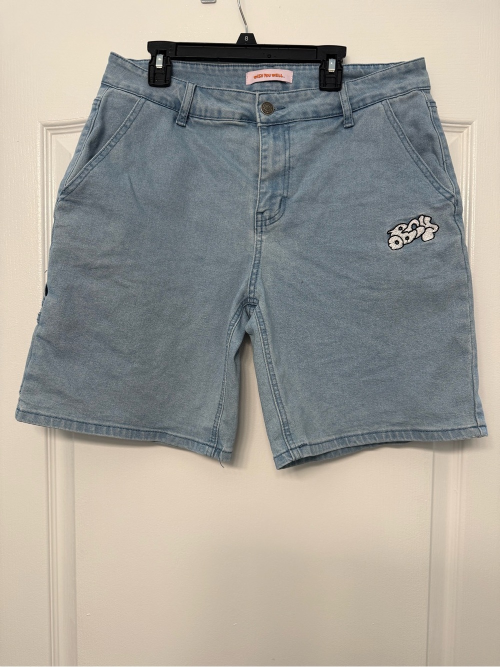 Wish You Well Denim Shorts XL Cherub Angel Embroidered Y2K Carpenter Baggy